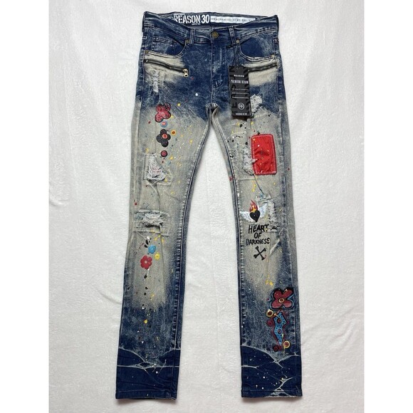 Reason Heart of Darkness Men’s Painted Ripped Jeans Size 30x32 - Picture 4 of 12
